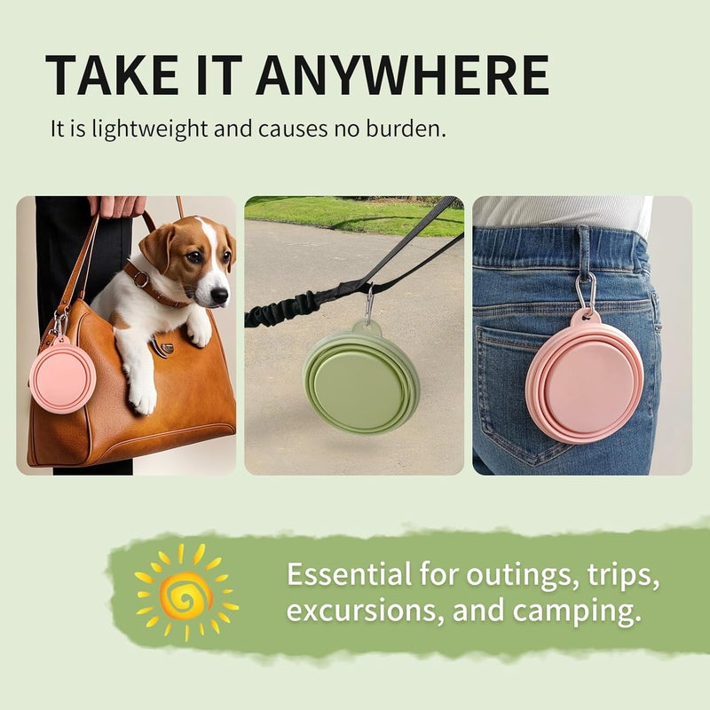 TECOPH Collapsible Dog Bowls 2-Pack, Portable Travel Dog Bowl with Carabiner, Food-Grade Silicone Pet Bowl for Hiking, Walking (Macaron Pink and Green) - Image 5